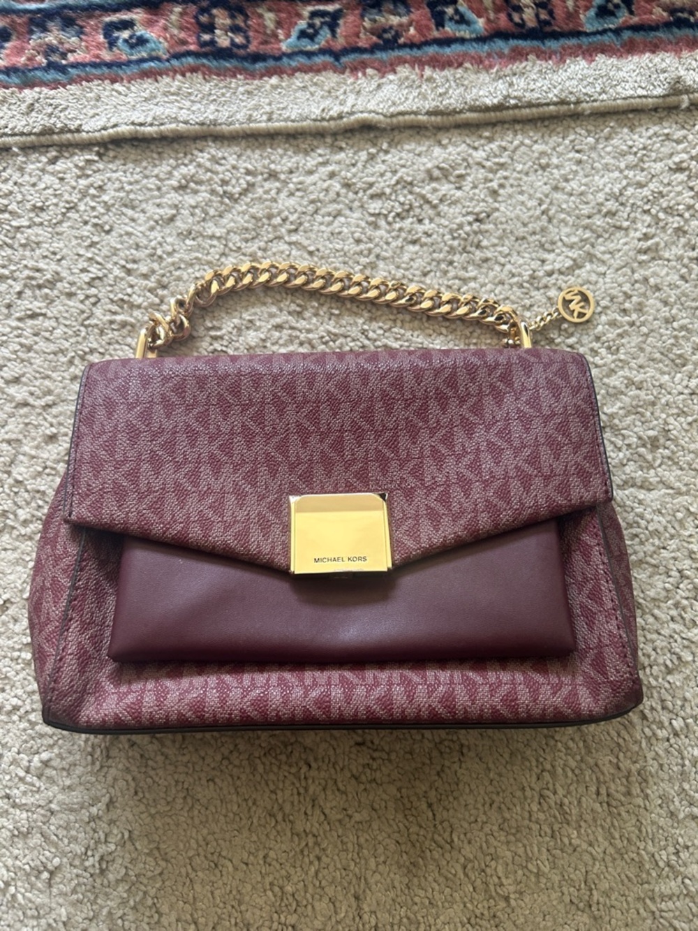 Michael Kors Wine MK Logo Chain-Handle Shoulder Bag with Gold Hardware